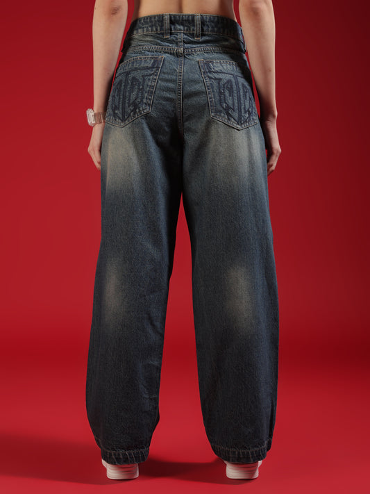 Go Devil Women High Waist Washed Dark Blue Baggy Denim Jeans