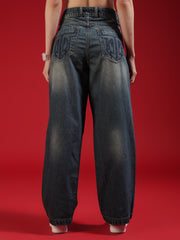 Go Devil Women High Waist Washed Dark Blue Baggy Denim Jeans