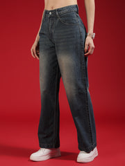 Go Devil Women High Waist Washed Dark Blue Baggy Denim Jeans