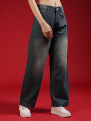 Go Devil Women High Waist Washed Dark Blue Baggy Denim Jeans