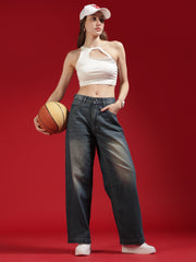 Go Devil Women High Waist Washed Dark Blue Baggy Denim Jeans