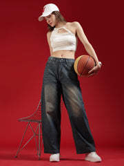 Go Devil Women High Waist Washed Dark Blue Baggy Denim Jeans