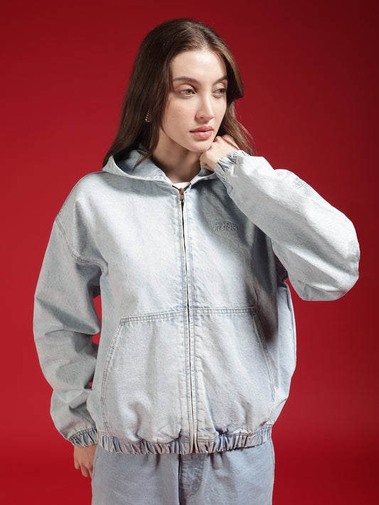 Go Devil Women Oversized Light Blue Hooded Denim Jacket