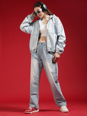 Go Devil Women Oversized Light Blue Hooded Denim Jacket