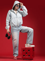 Go Devil Women Oversized Light Blue Hooded Denim Jacket