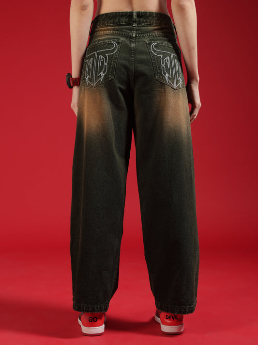 Go Devil Women Dark Olive Baggy Fit Jeans