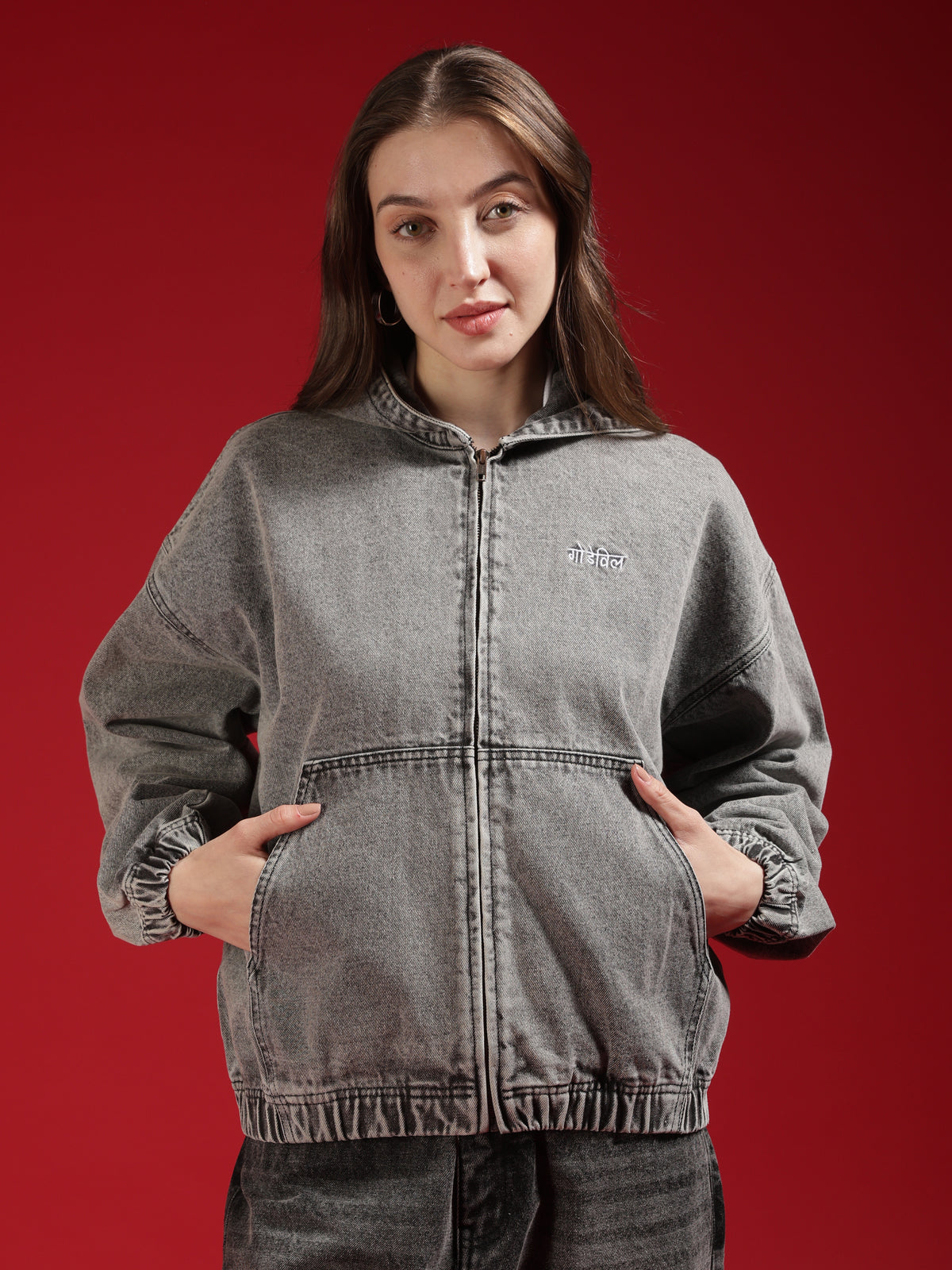 Go Devil Women Oversized Hooded Denim Jacket