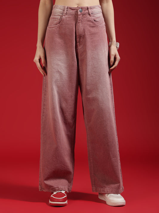 Go Devil Women Dusty Pink Wide Leg Jeans