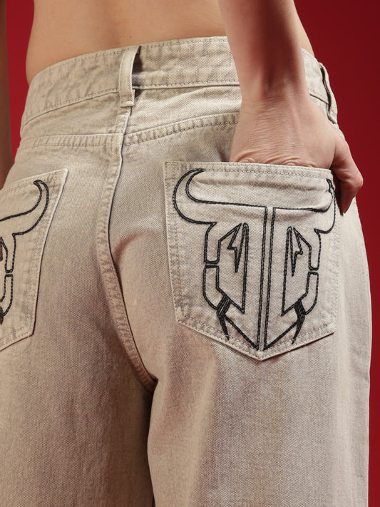 Go Devil Women Beige Wide Leg Jeans