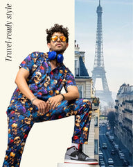 Skull with Rose Printed Blue Shirt With Pant Co-Ord Set For Men