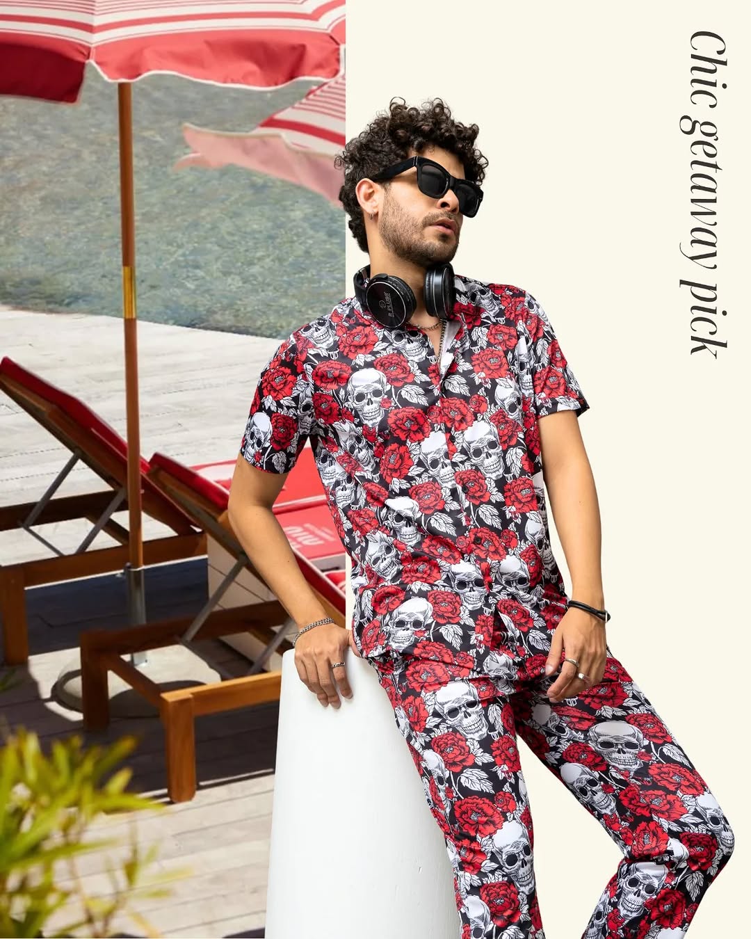 Skull with Rose Printed Shirt With Pant Co-Ord Set For Men