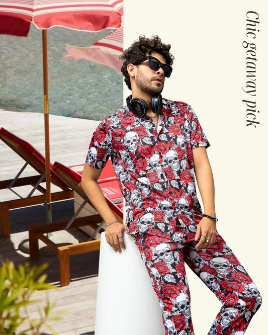 Skull with Rose Printed Shirt With Pant Co-Ord Set For Men