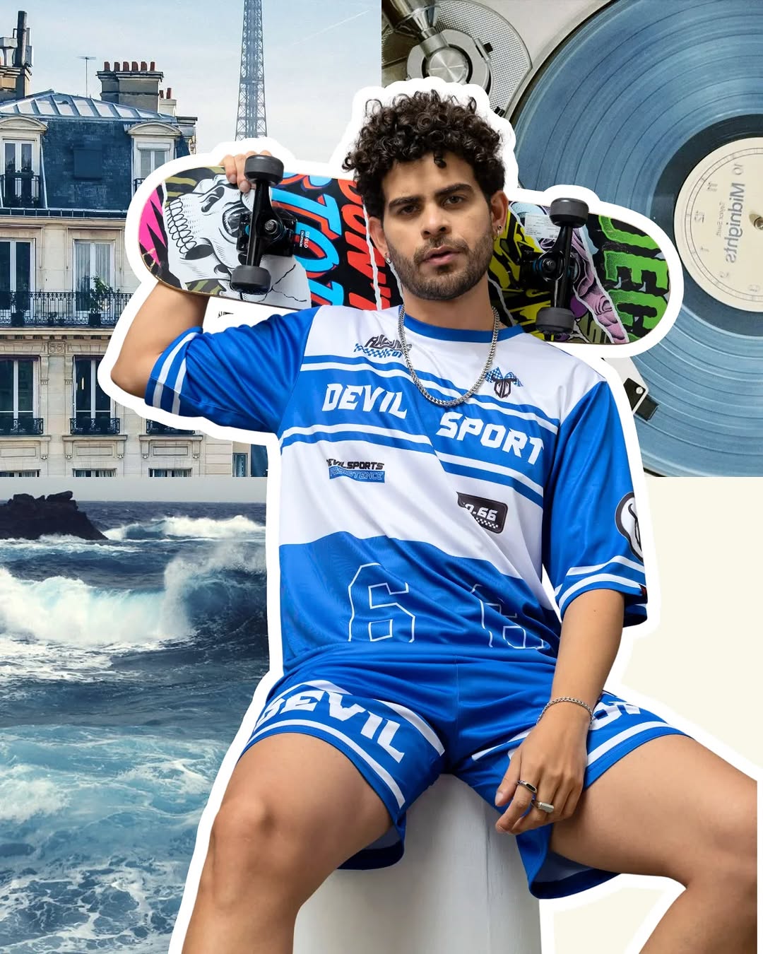 Devil Sport Printed Blue & White Oversized Co-Ord Set For Men