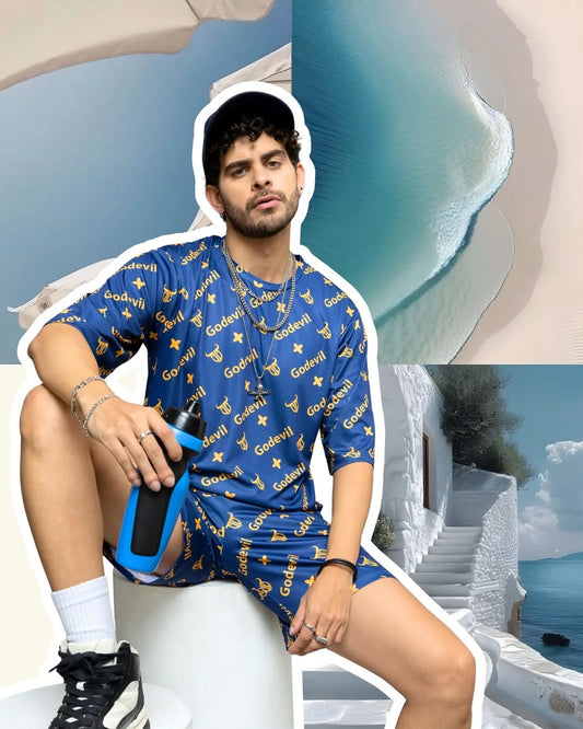 Go Devil In Yellow Printed Blue Oversized Co-Ord Set For Men