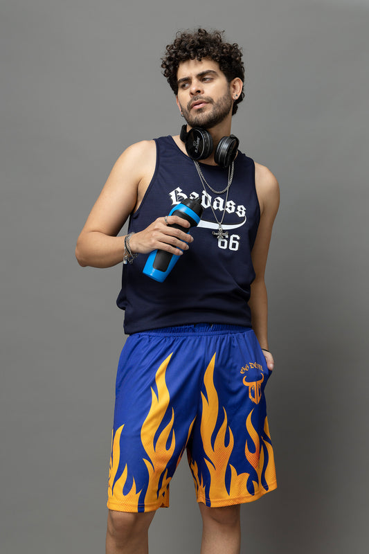 Go Devil Flame Printed Blue Shorts Orange flames For Men