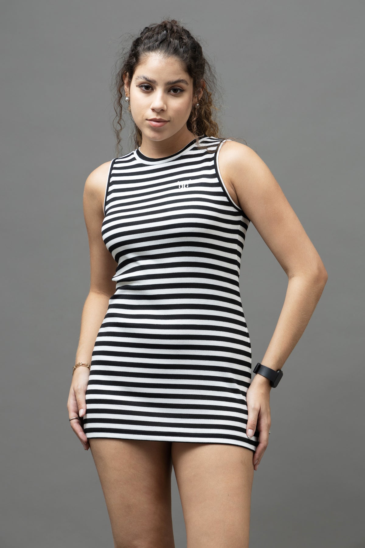Go Devil Women's Black & White Striped Bodycon Dress – Sleeveless Ribbed Mini Dress
