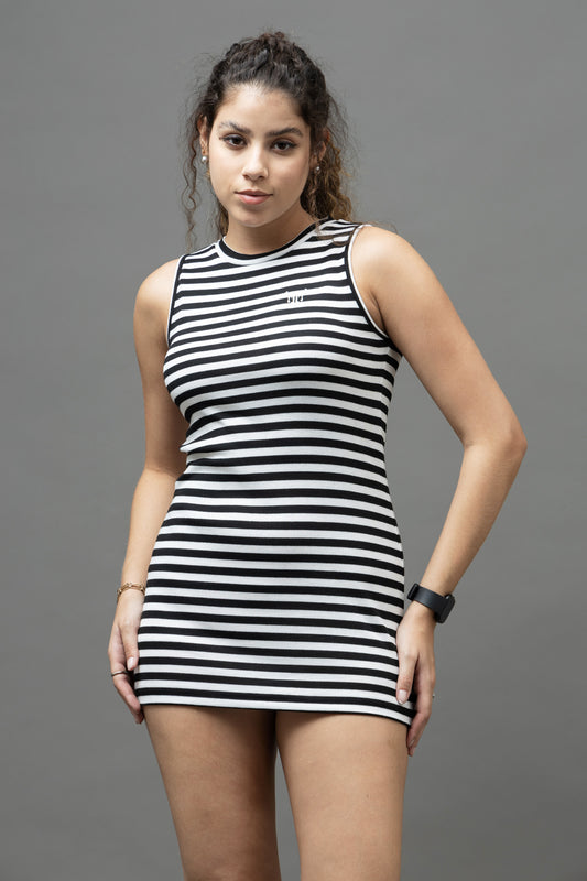 Go Devil Women's Black & White Striped Bodycon Dress – Sleeveless Ribbed Mini Dress