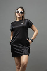 Go Devil Women's Black Satin T-Shirt Dress – Minimalist Shine Streetwear