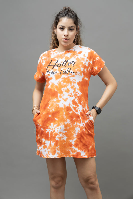 Go Devil Women's Orange Tie-Dye T-Shirt Dress – "Hotter Than Hell" Graphic Print
