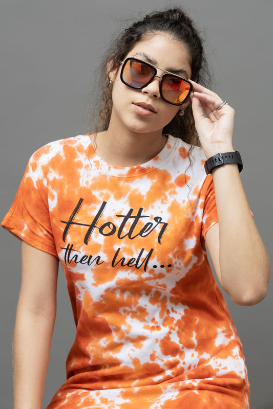 Go Devil Women's Orange Tie-Dye T-Shirt Dress – "Hotter Than Hell" Graphic Print
