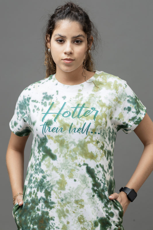 Go Devil Women's Green Tie-Dye T-Shirt Dress – "Hotter Than Hell" Graphic Print