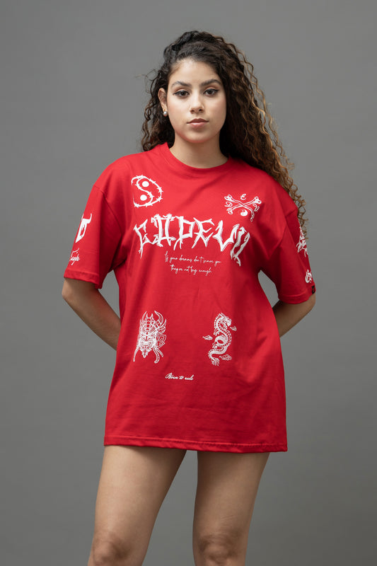 Go Devil Women's Oversized Red Graphic T-Shirt