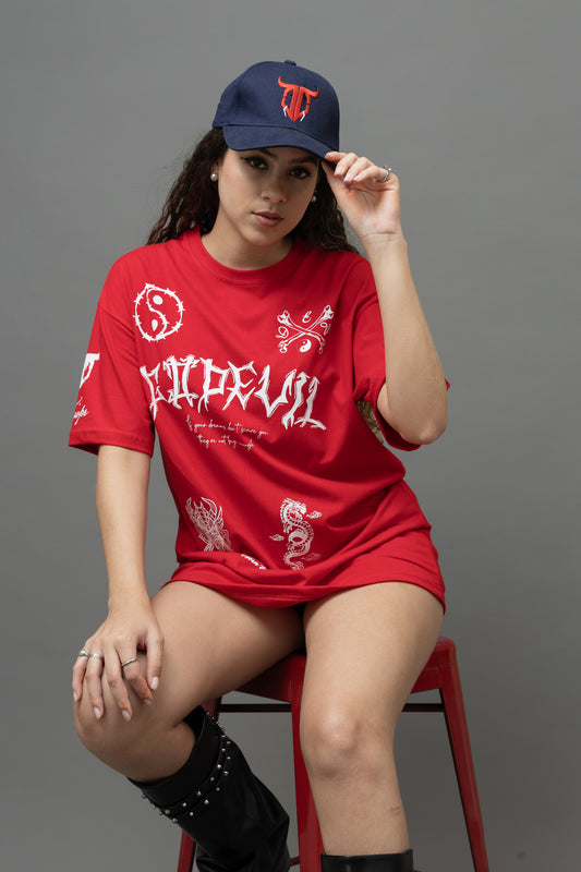 Go Devil Women's Oversized Red Graphic T-Shirt