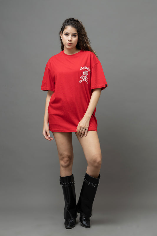 Go Devil Women's Cotton Oversized Red Graphic T-Shirt