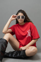 Go Devil Women's Cotton Oversized Red Graphic T-Shirt