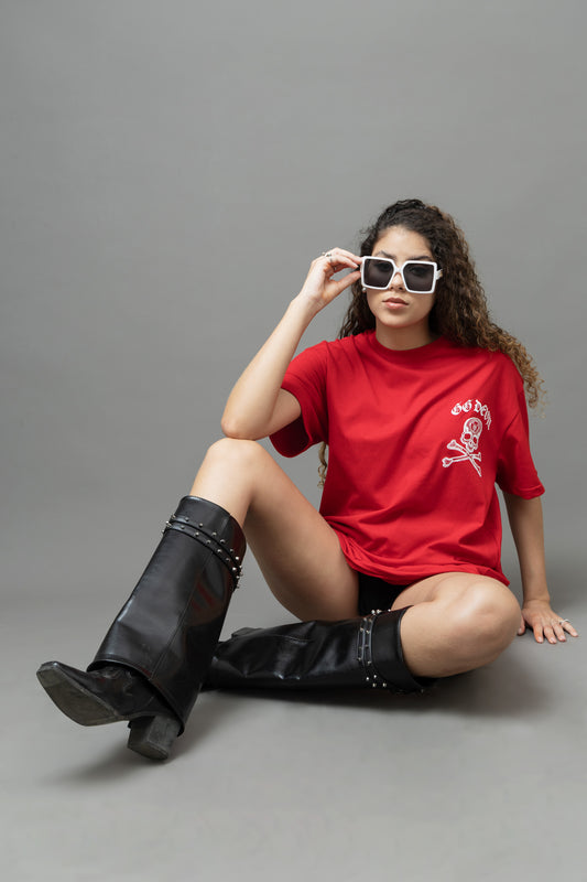 Go Devil Women's Cotton Oversized Red Graphic T-Shirt