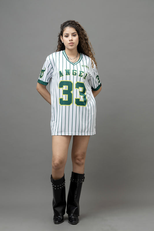 Go Devil ANGEL 33 White & Green Pinstripe Jersey Tee For Women's