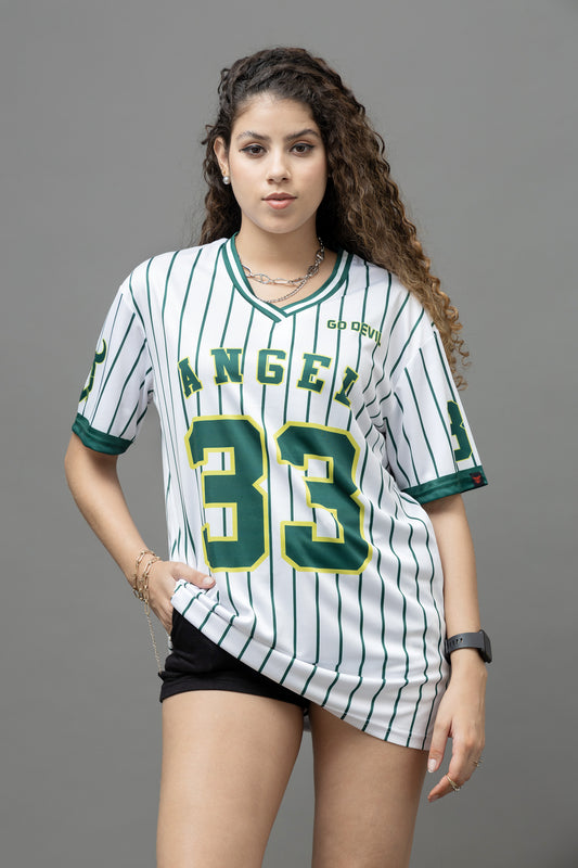 Go Devil ANGEL 33 White & Green Pinstripe Jersey Tee For Women's
