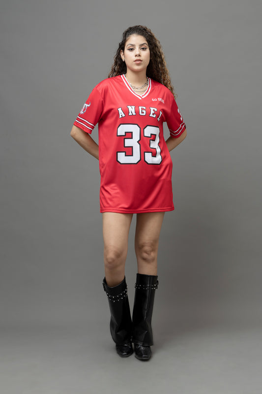 Go Devil ANGEL 33 (In White) Printed Red Oversized Jersey T-shirt For Women's