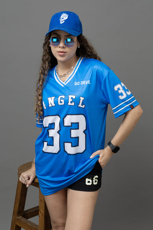 Go Devil ANGEL 33 (In White) Printed Blue Oversized Jersey T-shirt For Women's
