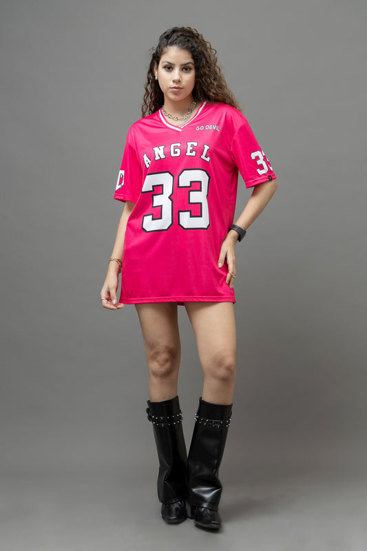 Go Devil ANGEL 33 (In White) Printed Pink Oversized Jersey T-shirt For Women's