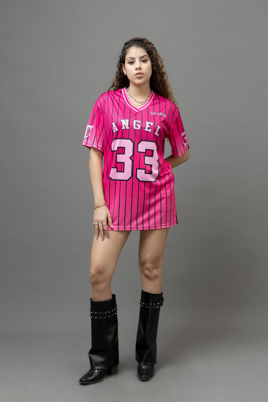 Go Devil ANGEL 33 Printed Pink Oversized Jersey T-shirt For Women's