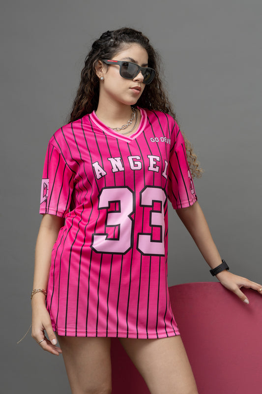 Go Devil ANGEL 33 Printed Pink Oversized Jersey T-shirt For Women's