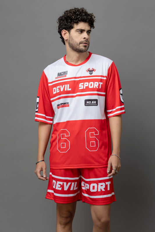 Devil Sport Printed Red & White Oversized Co-Ord Set For Men