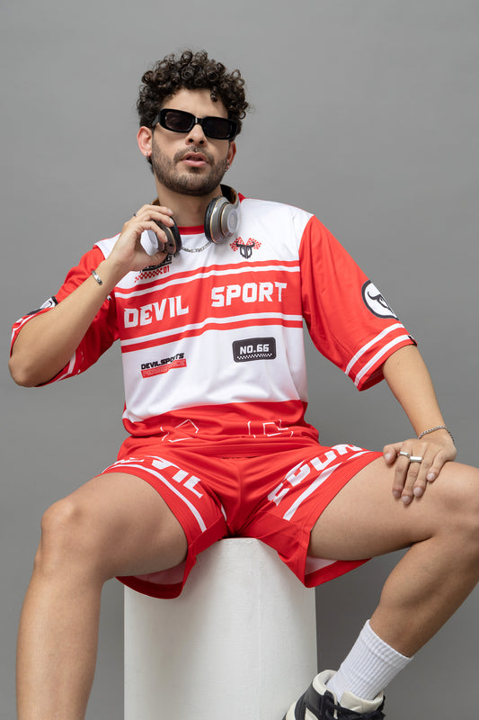 Devil Sport Printed Red & White Oversized Co-Ord Set For Men