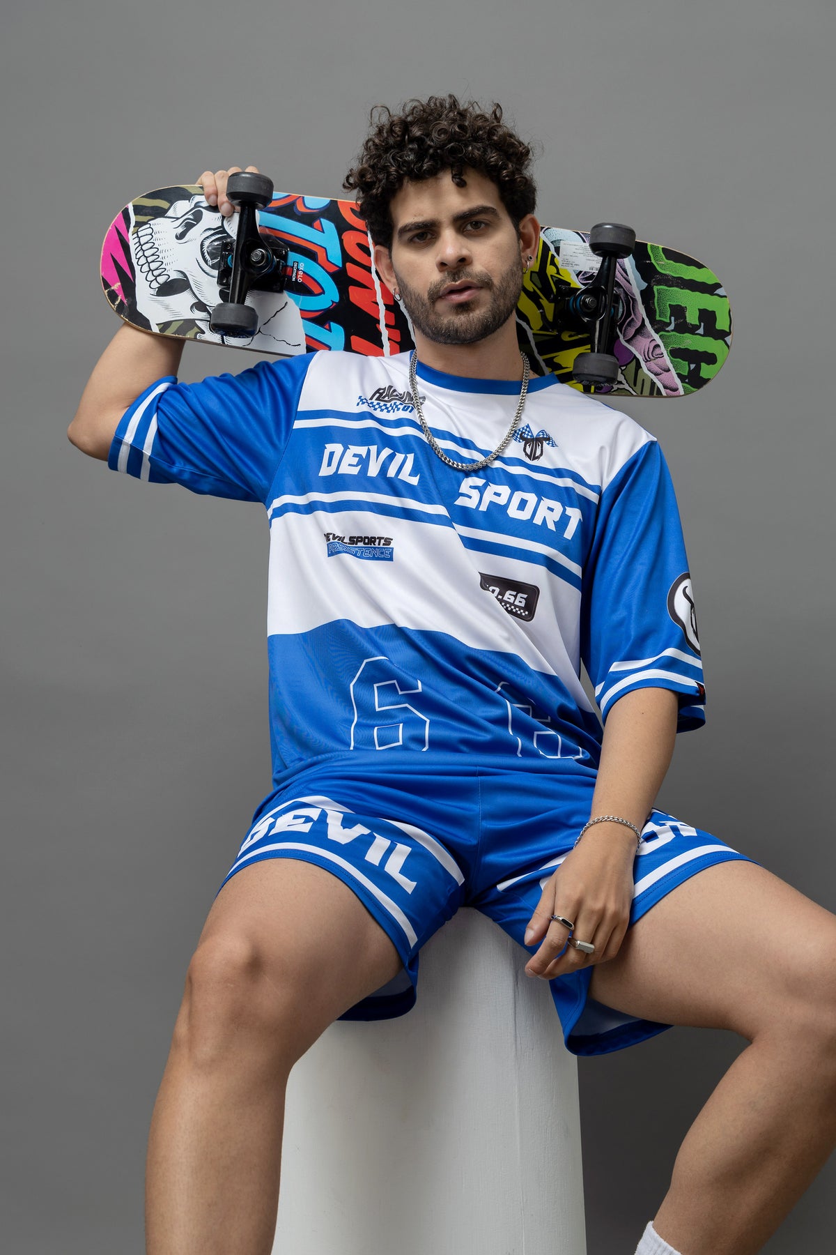 Devil Sport Printed Blue & White Oversized Co-Ord Set For Men