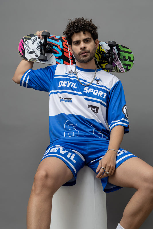 Devil Sport Printed Blue & White Oversized Co-Ord Set For Men