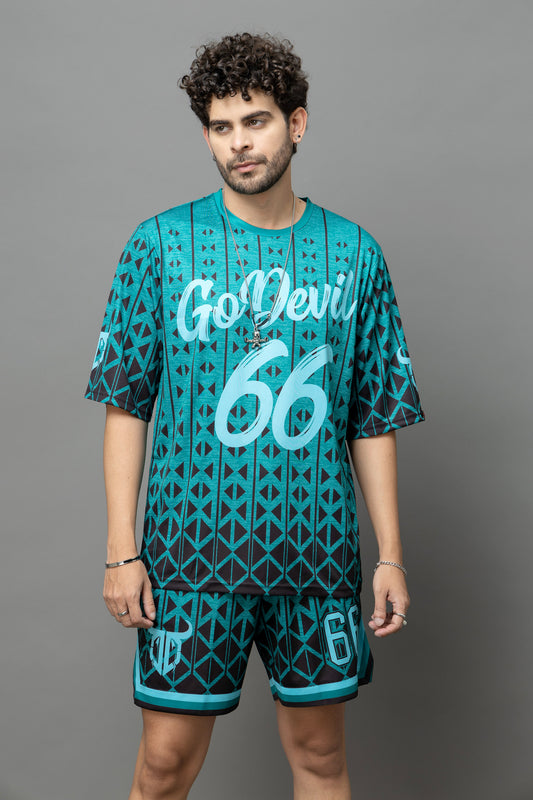 Go Devil 66 Printed Teal Graphic Oversized Co-Ord Set For Men