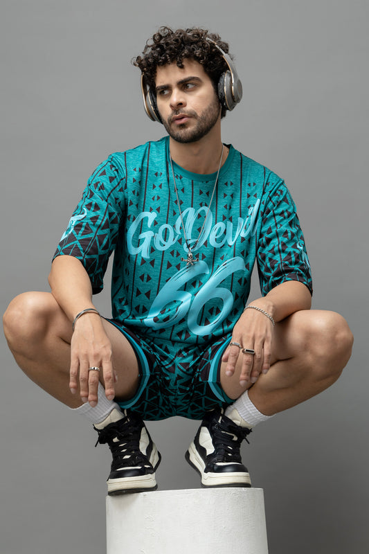 Go Devil 66 Printed Teal Graphic Oversized Co-Ord Set For Men