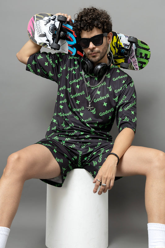 Go Devil In Green Printed Black Oversized Co-Ord Set For Men