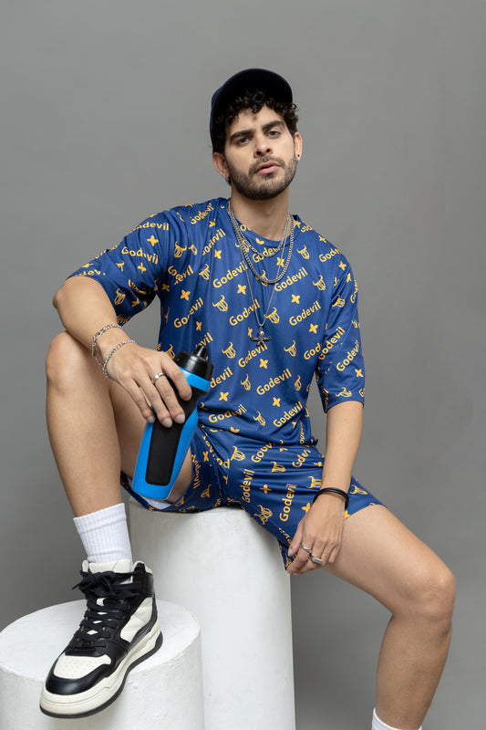 Go Devil In Yellow Printed Blue Oversized Co-Ord Set For Men