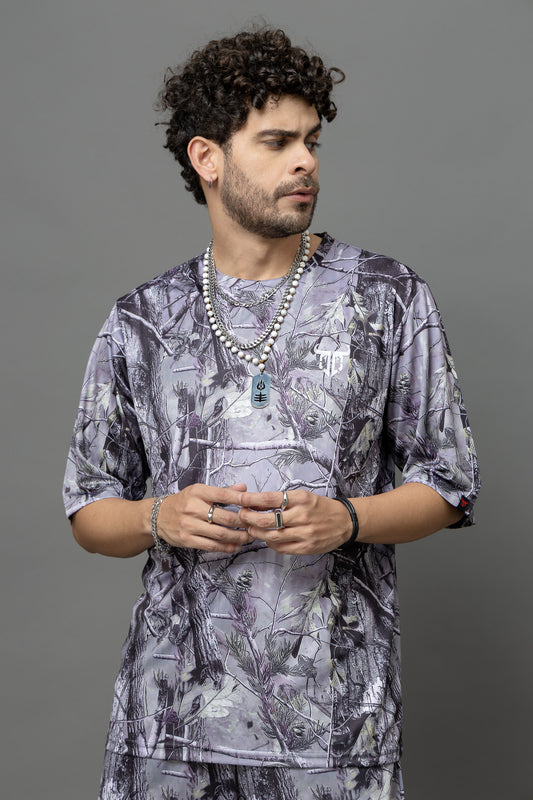 Go Devil Leaves Printed Purple Oversized Co-Ord Set For Men