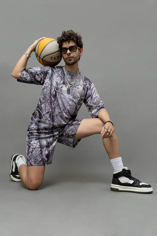 Go Devil Leaves Printed Purple Oversized Co-Ord Set For Men