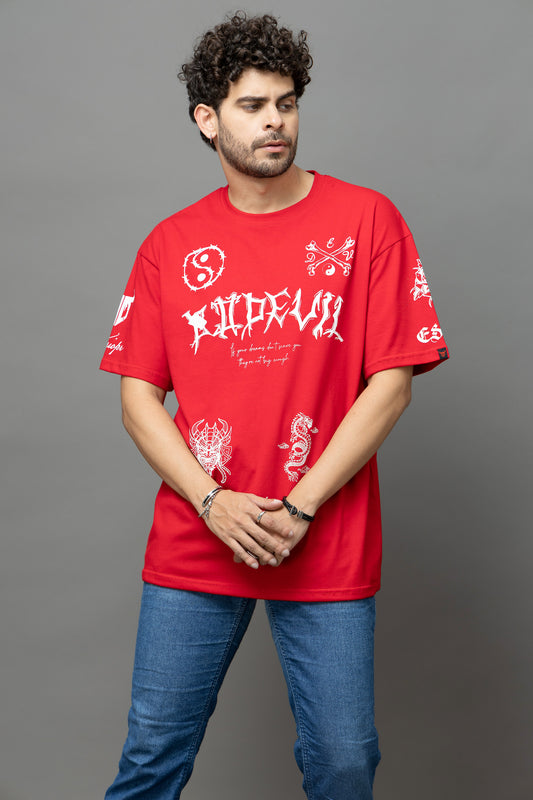 Go Devil Red Graphic Printed Oversized T-Shirt for Men