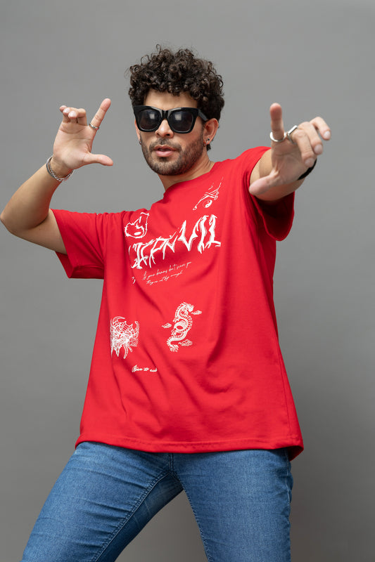 Go Devil Red Graphic Printed Oversized T-Shirt for Men
