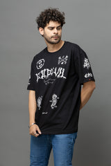 Go Devil Black Graphic Printed Oversized T-Shirt for Men